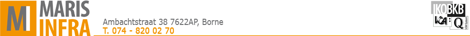 Veelzijdig en dynamisch Maris Infra is een veelzijdig en dynamisch aannemingsbedrijf, gericht op de grond-, weg- en waterbouw. Ons accent ligt op bestratingen en riolering. Wij bieden een veelzijdig pakket van diensten met vele specialismen. Wij werken voor bedrijven, instellingen, overheden en particulieren.